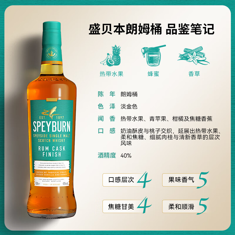 盛贝本单一麦芽苏格兰威士忌 原瓶进口+高端礼盒 波本桶雪莉桶 品牌直发 盛贝本朗姆桶 700ml 1瓶