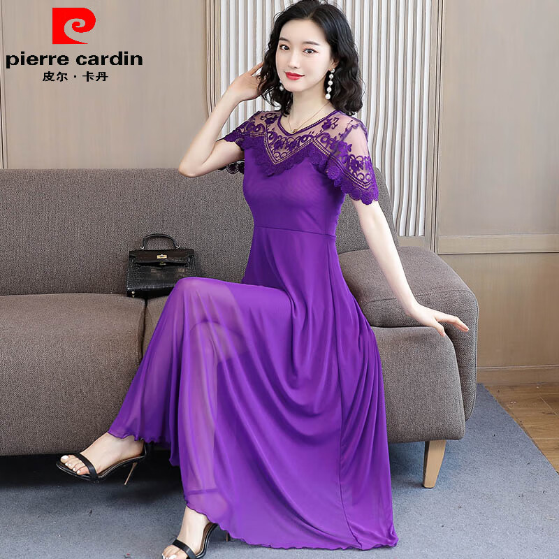 皮尔卡丹紫色短袖网纱连衣裙女夏长裙2025新款收腰显瘦大摆气质长款蕾丝裙 紫色 M