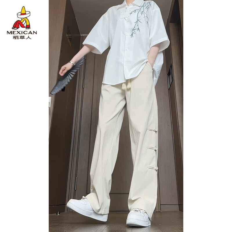 稻草人新中式國風套裝男夏季薄款襯衫褲子男裝搭配青少年潮男穿搭一整套 米色褲子+白色襯衫[兩件套]推 XL (適合)130-145斤