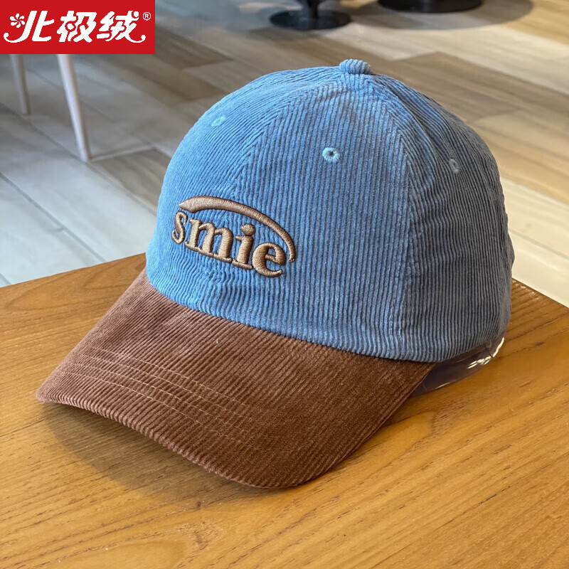 北極絨棒球帽女燈芯絨刺繡鴨舌帽男秋冬拼色小眾大頭圍情侶粗條絨帽子 湖藍色 可調(diào)節(jié)