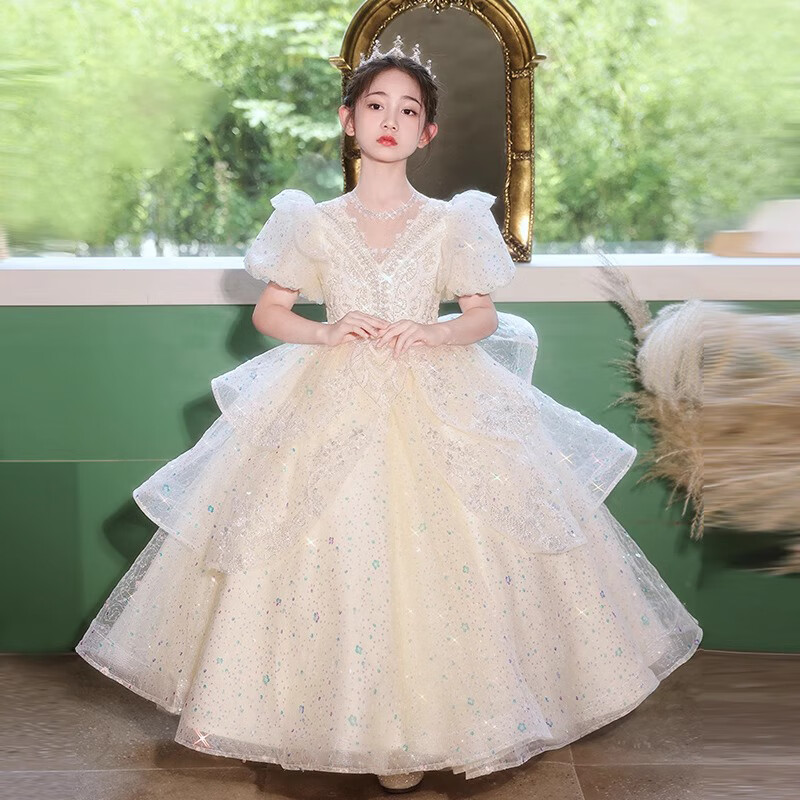 汉佺高端女童公主裙夏季蓬蓬纱女孩生日花童婚礼礼服钢琴演奏演出服 浅香槟 120 适合体重40-45斤
