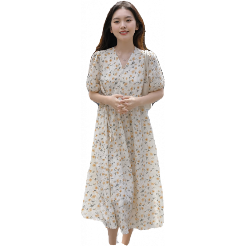 皮爾卡丹（pierre cardin）大碼日系少女雪紡連衣裙2025夏季新款胖mm遮肚顯瘦減齡碎花長裙 花色 M 建議80~100斤