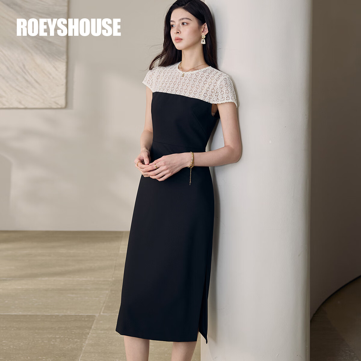 ROEYSHOUSE罗衣高级绣花拼接连衣裙女2025夏季新款气质修身黑色中长裙12142 黑色 L