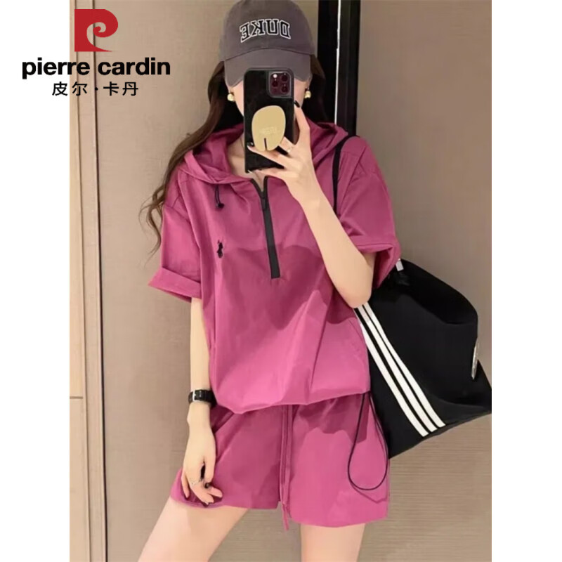 皮爾卡丹新中式胖mm遮肚大碼短袖褲衛(wèi)衣二件套女裝夏季薄款寬松版運(yùn)動(dòng)套裝 紫色 XL 120斤-140斤