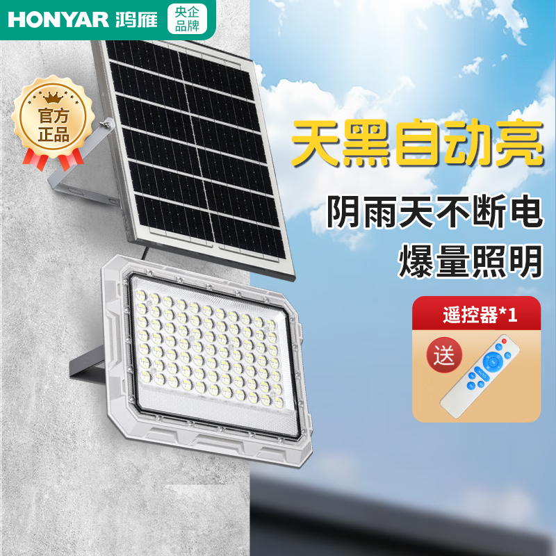 鴻雁太陽能燈戶外庭院燈家用路燈投光燈工礦燈泛光露營燈高亮遙控光控 高亮分體式-450lm ABS+光學(xué)透鏡