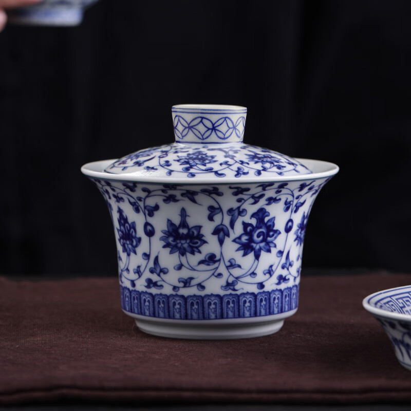 他他瓷說青花蓋碗茶杯單個三才防燙大號纏枝蓮三件套泡茶功夫茶具 青花二才蓋碗