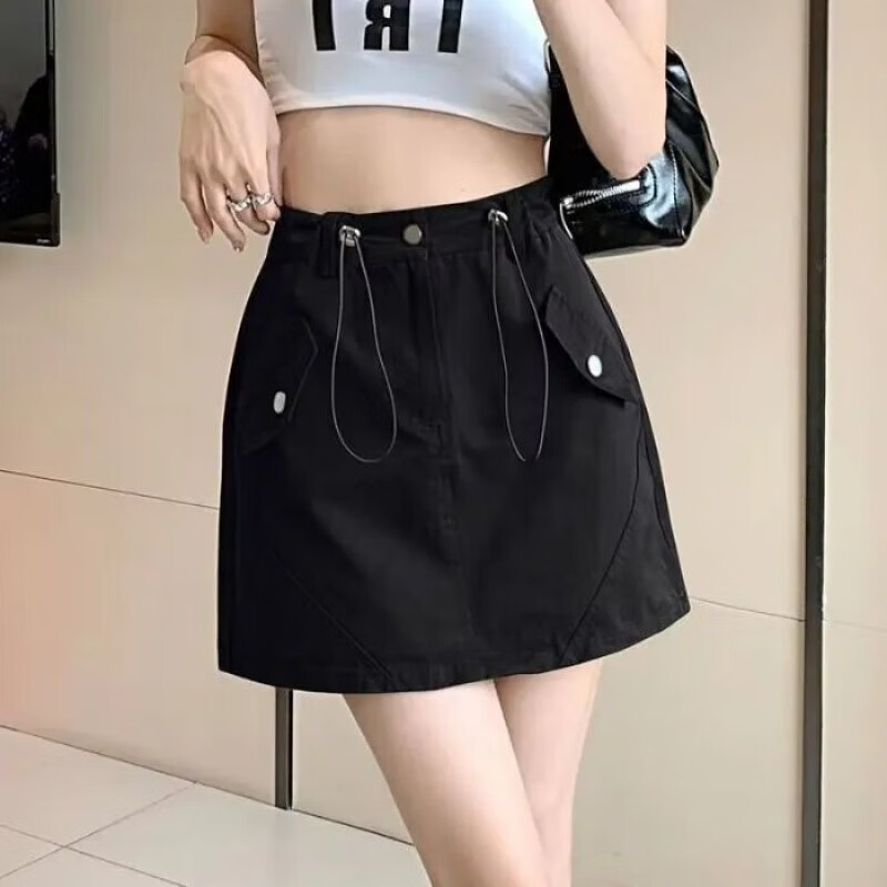 予瑾灰色女夏小個子抽繩包臀裙高腰短裙設計感工裝半裙半身裙辣妹a字 黑色 S