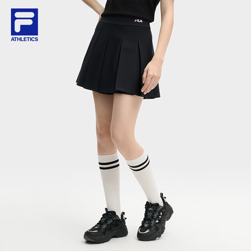 FILA斐乐女子半身裙夏季新款运动休闲百搭显瘦百褶裙A字短裙 正黑色-BK L 170/70A/L