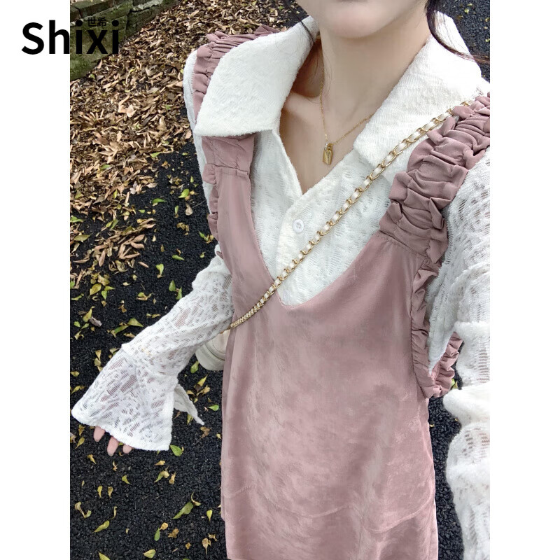 世希大碼溫柔風法式甜美連衣裙女春季梨形身材背心裙胖MM遮肚顯瘦裙子 蕾絲打底衫 M (建議80-100斤)大碼