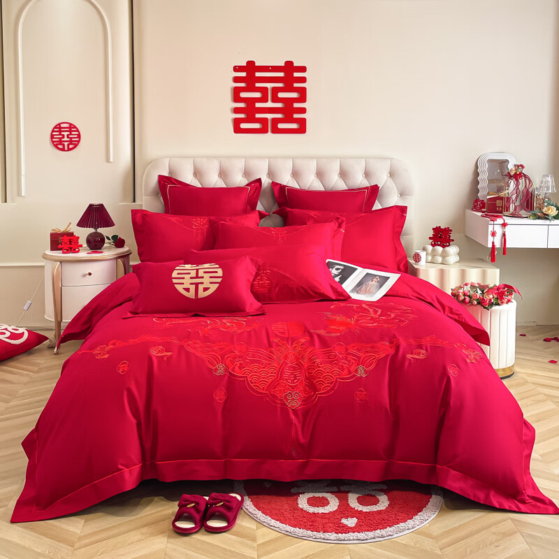結(jié)婚四件套中式龍鳳刺繡大紅色婚慶四件套新婚陪嫁純棉六件床單 金龍瑞鳳-大紅 四件套1.5床單款四件套