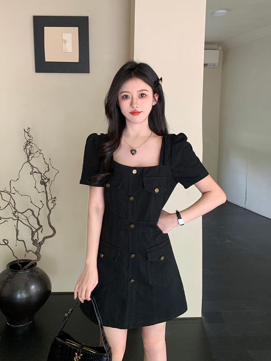 乐拓健小个子连衣裙夏季遮肚子胖女生大码法式牛仔连衣裙女夏季收腰显瘦 短款裙 L 码 （建议100120b