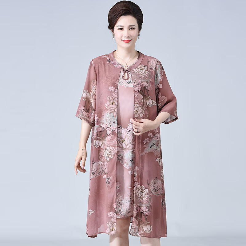 賽曼蝶胖媽媽婚宴特大碼高檔禮服女喜婆婆兩件套婚禮媽媽夏裝雪紡連衣裙 1447豆沙色 7XL