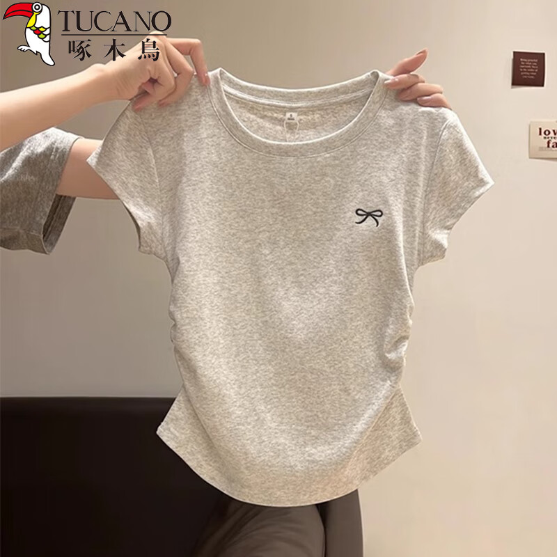 啄木鳥正肩短袖t恤女圓領(lǐng)蝴蝶結(jié)刺繡夏季新款褶皺收腰半袖上衣 花灰 L