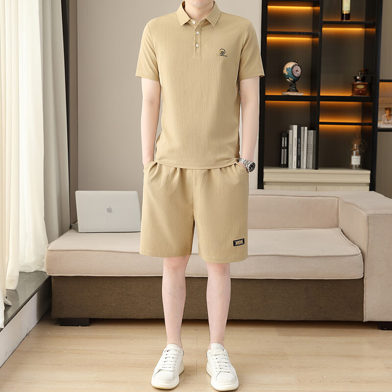 洛科驰夏季男士短袖套装薄款休闲速干运动半袖短裤两件套加肥加大 【套装】902卡其色 M