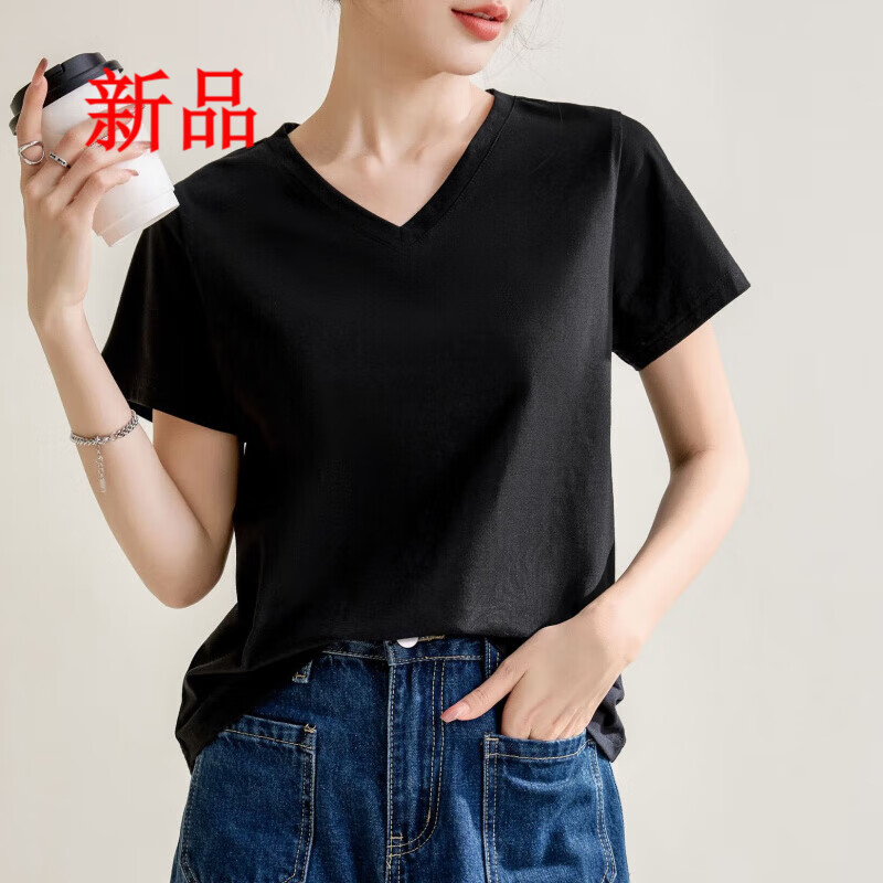 YZYU优衣依库女装V领短袖T恤女士夏季薄款打底衫宽松显瘦休闲上衣女 黑色 2XL
