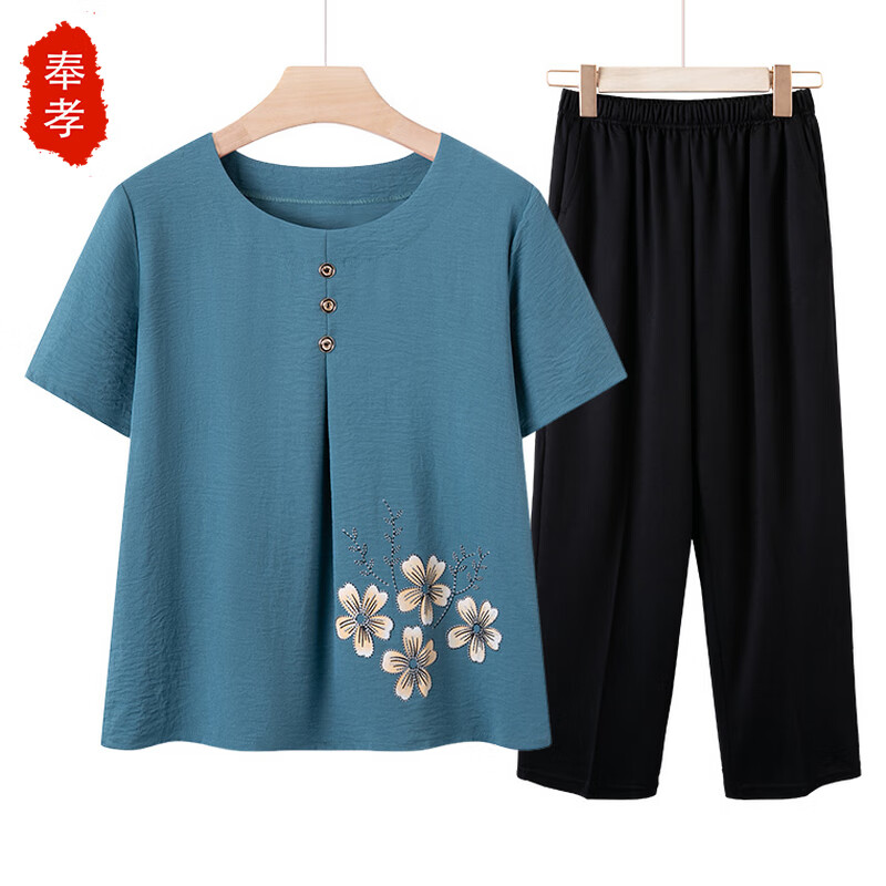 奉孝中老年媽媽裝夏季短袖套裝寬松老年人夏裝女老人衣服奶奶棉綢上衣