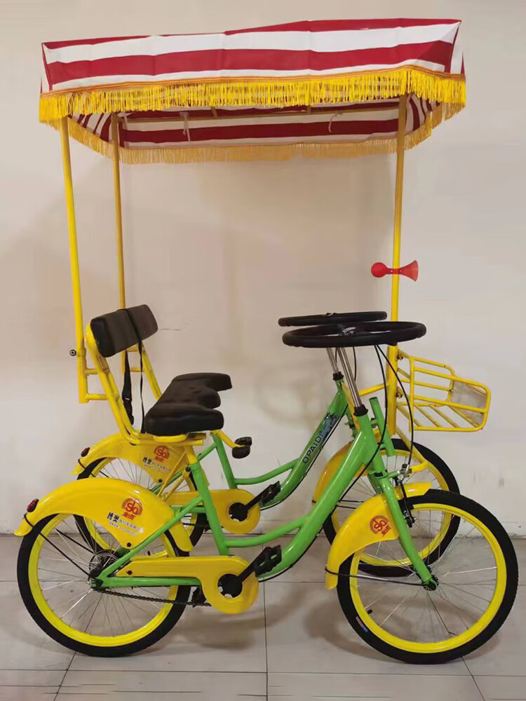 金士奇親子自行車兩人騎四輪情侶雙人車可帶小孩三人觀光景點(diǎn)綠道出租用 22寸聯(lián)排雙人刀圈【綠黃】
