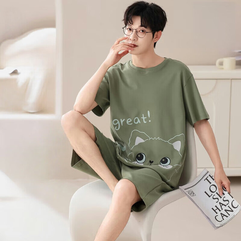 已朵100%纯棉睡衣男夏季薄款短裤短袖宽松大码全棉家居服男式套装