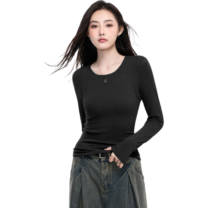 啄木鳥(niǎo)百搭螺紋圓領(lǐng)弧形下擺長(zhǎng)袖t恤女修身顯瘦打底內(nèi)搭上衣 黑色 XL 