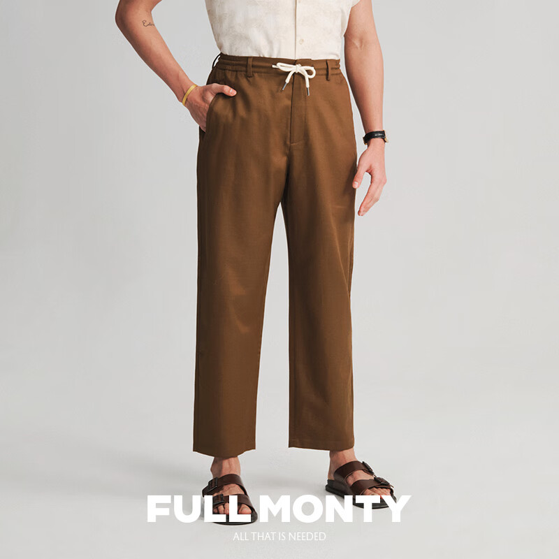 FULL MONTY【新款】男士宽松直筒休闲裤棕色天丝斜纹棉抽绳裤2025年春夏长裤 烟草棕色40030 L