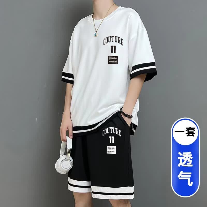 洛科驰青少年冰丝短袖T恤休闲运动服短裤套装男帅气初中生高中学生夏装 3092-3白色套装 M (75-95斤)