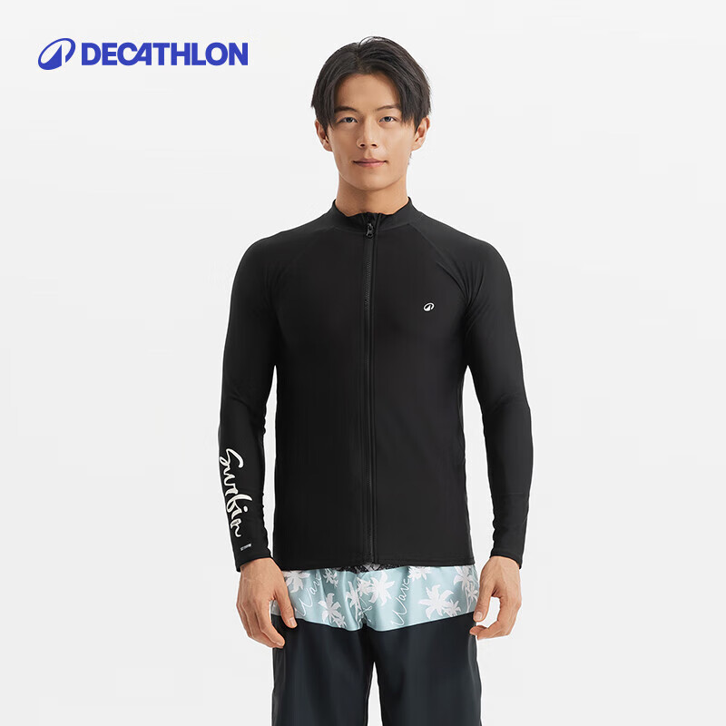 迪卡侬（DECATHLON）潜水服男泳衣温泉冲浪服湿衣水母衣长袖速干防晒 【上衣-拉链款】黑色字母新款 L