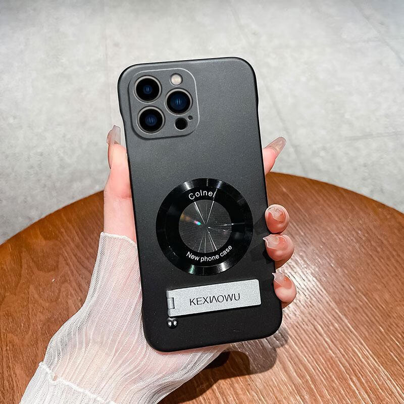 适用苹果14promax超薄无边框防摔保护套iPhone磁吸支架高级手机壳 金属漆【炫酷黑】-磁吸圈+支架 苹果14 Pro Max
