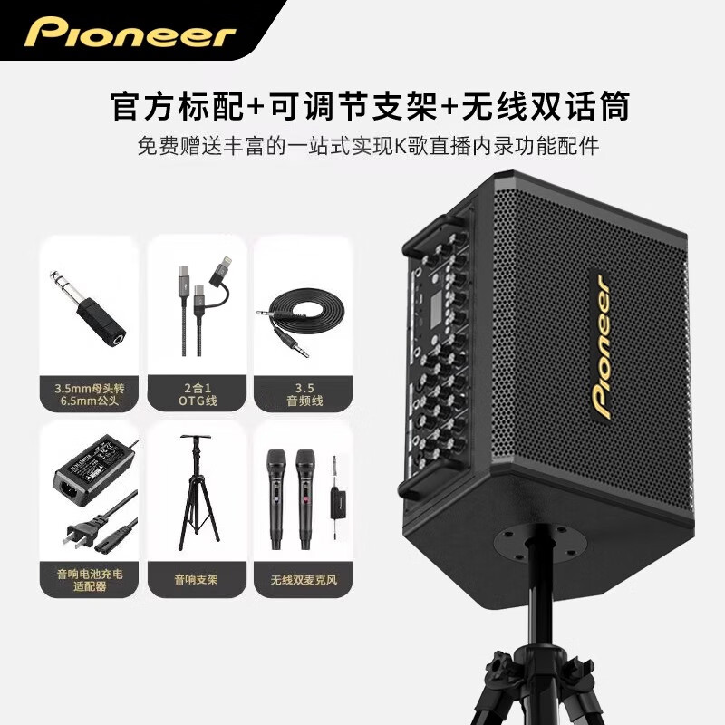 先锋（Pioneer） 音箱户外音响K歌广场舞台直播带蓝牙声卡功放话筒唱歌KTV神器乐器音箱 黑色+音箱支架+无线双话筒