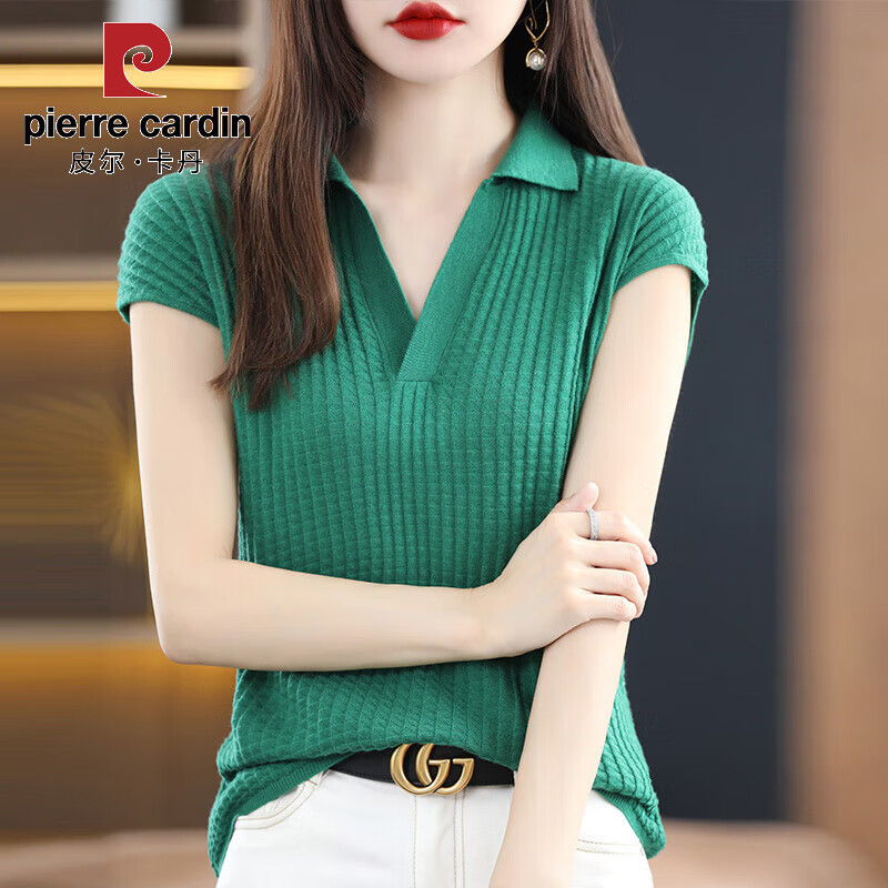 皮尔卡丹（PIERRE CARDIN）polo领短袖t恤女夏季宽松短款针织衫2025新款女士包袖翻领t恤衫 翠绿 S