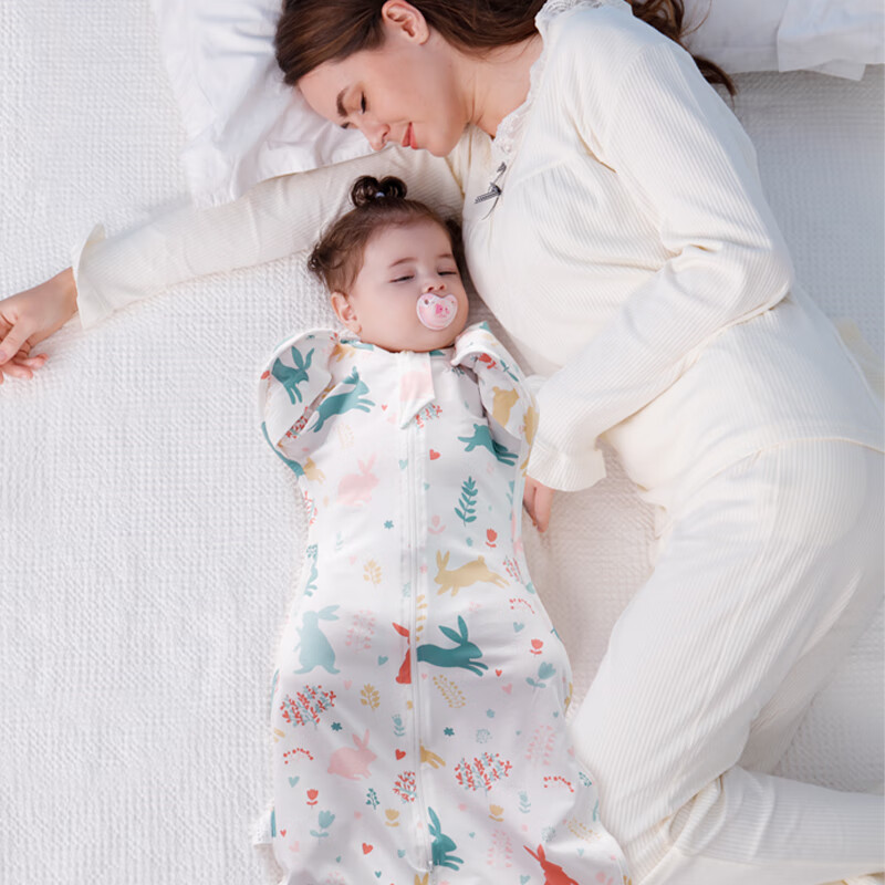 安舒棉防惊跳睡袋新生儿婴儿四季通用襁褓式睡袋儿童投降式防踢被 蘑菇兔（四季双层）室温15-25℃ M【适合体重8-15斤】