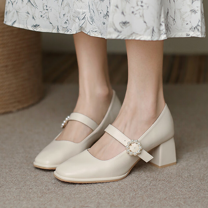 百丽踏【厂牌】品牌玛丽珍25方头中跟单鞋女法式少女粗跟高跟鞋 杏色【主图款-高跟5.5cm】 37