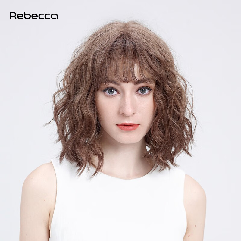 瑞貝卡（Rebecca）假發(fā)女自然全頭套真發(fā)假發(fā)100%人發(fā)短卷發(fā)羊毛卷蓬松整頂假發(fā)頭套 棕青色 中長發(fā) 全真人發(fā)