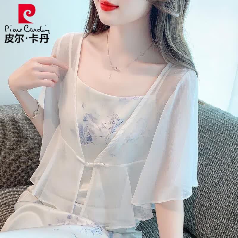 披肩雪纺防晒衣女薄纱开衫吊带裙子外搭罩衫上衣国风小衫 白色-披肩 s