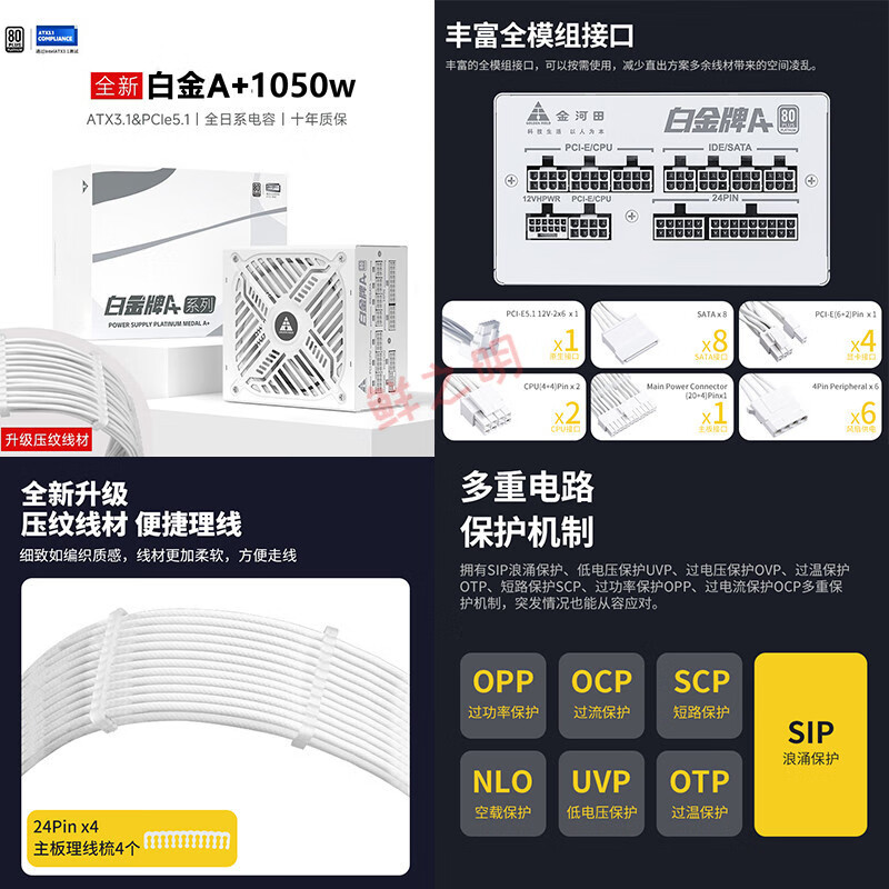 金河田【】金河田白电源850W/1050W全模组ATX3.1智能电脑硬件 白1050W全模组/压纹线 【白色】 【礼盒版】【理线梳】【ATX3.1】