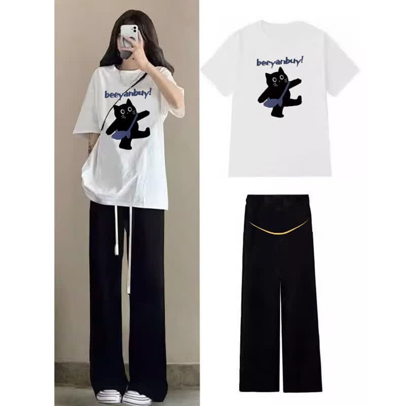 敏潮格倫孕婦夏季套裝新款韓版短袖t恤純棉可愛小貓寬松上衣慵懶風兩件套 白色小貓+黑色托腹冰絲闊腿褲 XL