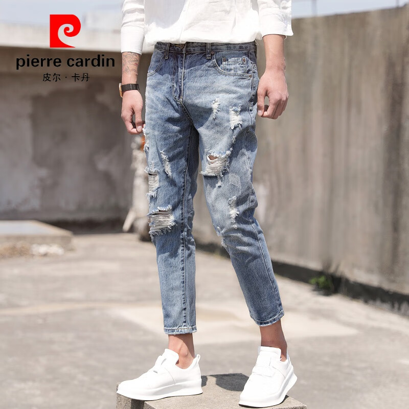 皮爾卡丹（pierre cardin）夏季藍(lán)色破洞牛仔褲男士潮流休閑薄款韓版修身9分小腳九分褲男潮 3024【藍(lán)色】 28 建議95斤以下