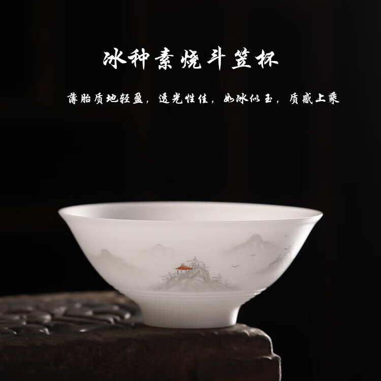 羊脂玉瓷普洱杯冰种素烧高端手工陶瓷主人杯斗笠杯描金手绘伴手礼 薄胎-手绘山水-斗笠杯 100ml 1只