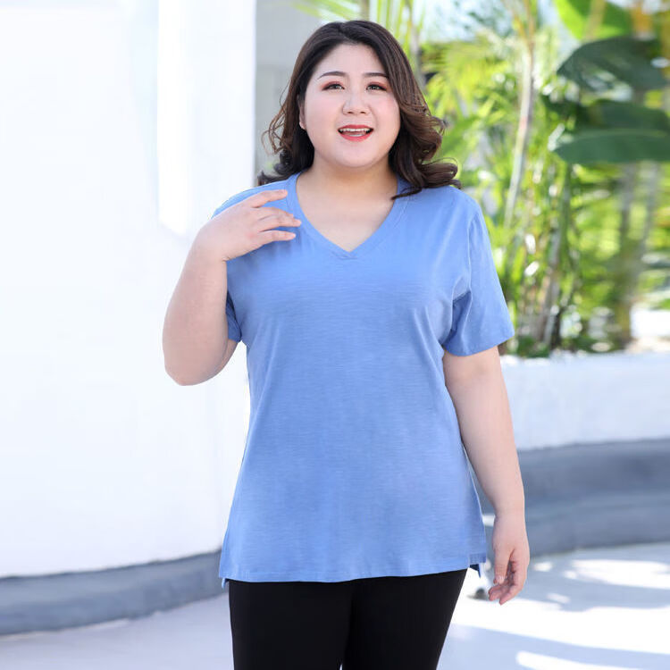 大码50岁加肥加大码200斤女t恤宽松遮肚子胖妹 浅蓝色 3xl 130-150斤