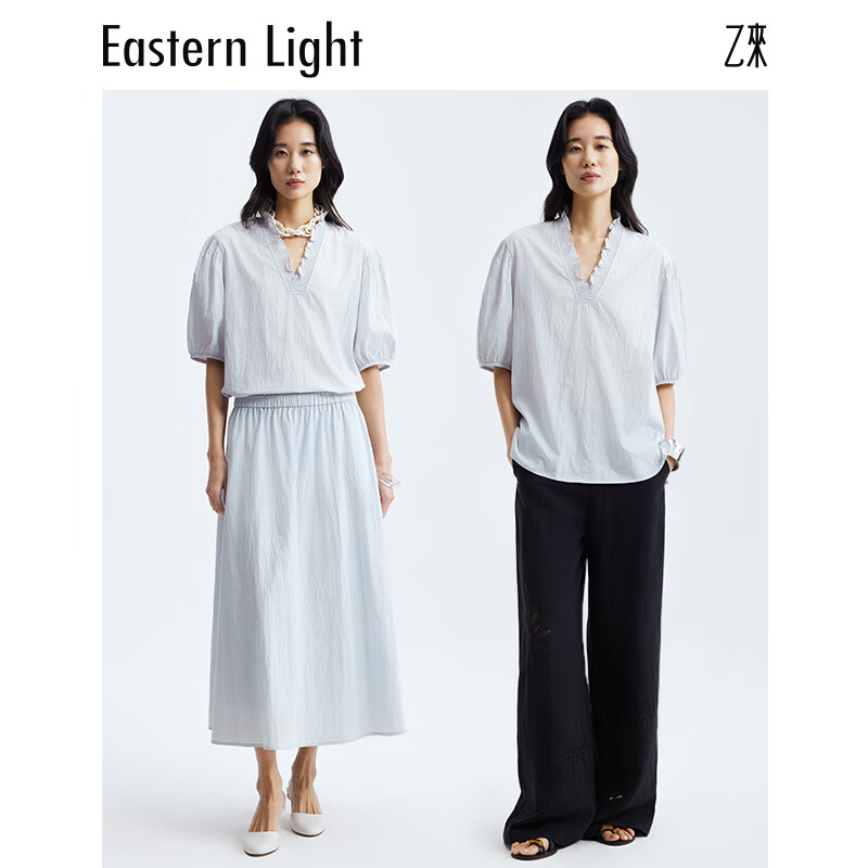 乙来(EASTERN LIGHT)2026夏季新款潮流南法拉夫领小衫衬衫连衣半身裙A字显瘦上衣气质 晨雾蓝-小衫 M