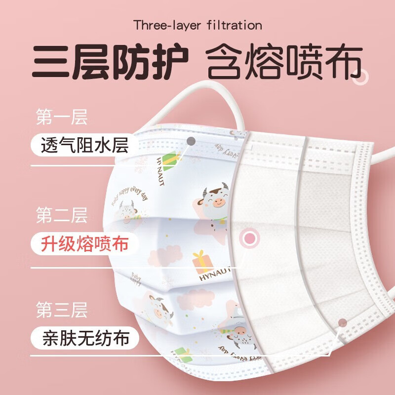 海氏海诺外科口罩卡通一次性儿童口罩6-12岁独立包装防尘口罩 【无菌独立装】粉色卡通50只 50只/盒
