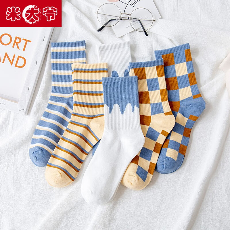 米大爷6双装袜子女秋冬季中筒袜女士休闲棉袜格子款女袜运动潮流长袜子 英伦格子款中筒女袜 均码 京东折扣/优惠券