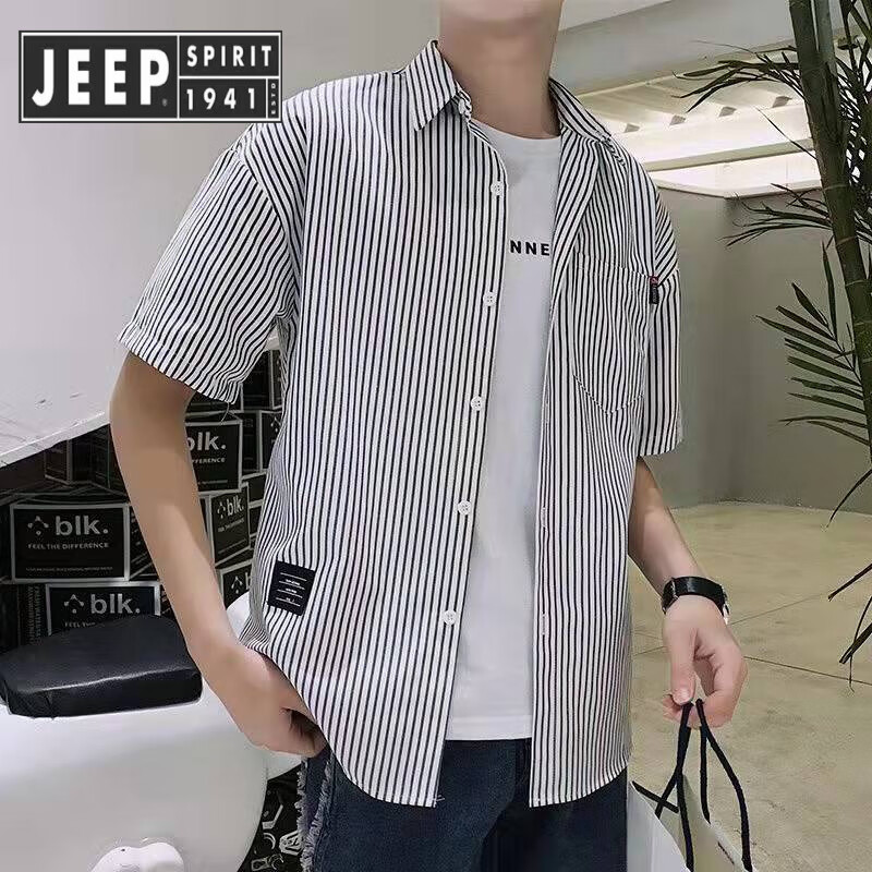 JEEP SPIRIT吉普短袖襯衫男夏季韓版休閑寬松港風(fēng)條紋半袖白色原宿風(fēng)男士襯衣 白色 【黑色細(xì)條紋】 XL 建議125-140斤