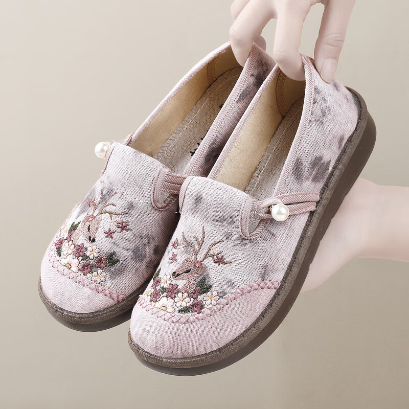 意迪森2025春季新款老北京布鞋女士百搭防滑绣花鞋懒人一脚蹬平底妈妈鞋 灰色 34 (220mm)