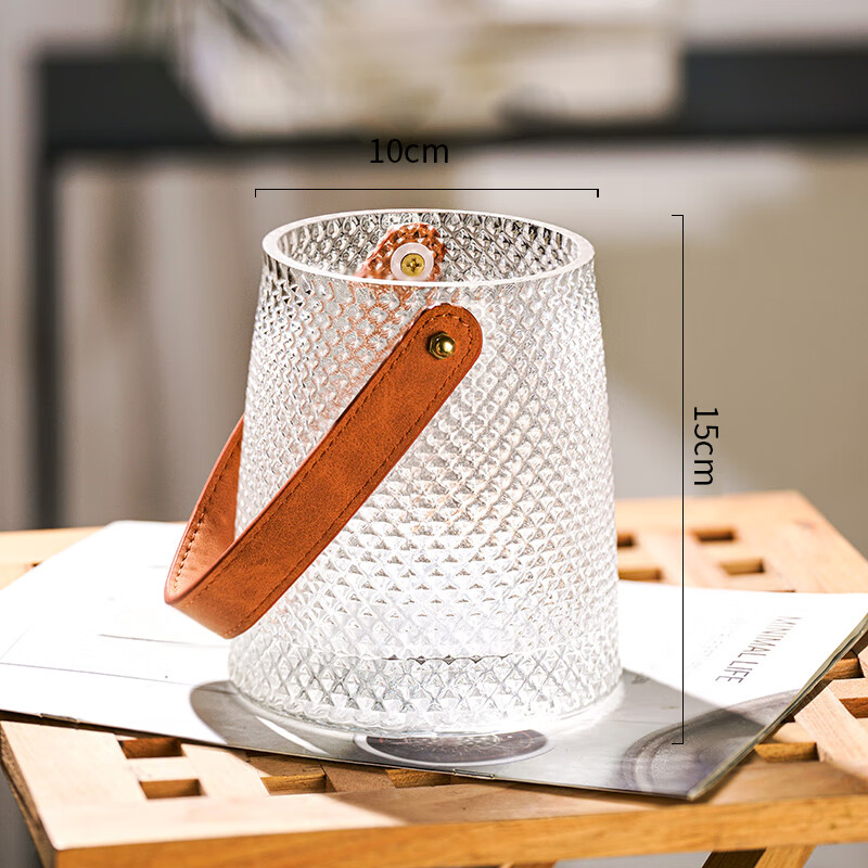 轻奢皮革手提花瓶玻璃水养富贵竹插干花玫瑰百合客厅餐桌装饰摆件 皮革手提花瓶[透明]