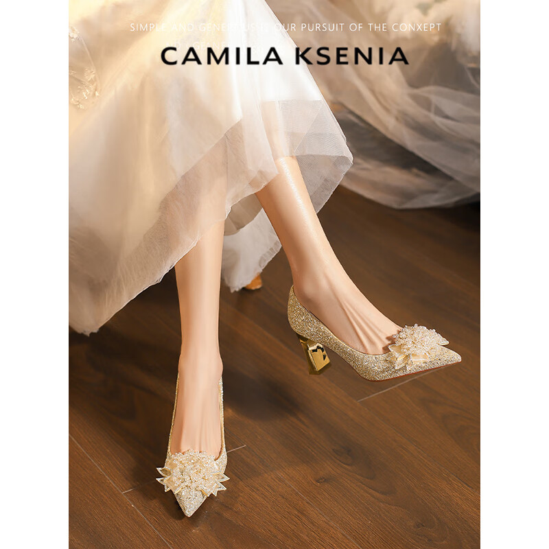 CAMILA KSENIA高跟鞋女士2026新款夏季休闲粗跟新娘不累脚婚鞋气质水晶鞋一脚蹬 浅金 38