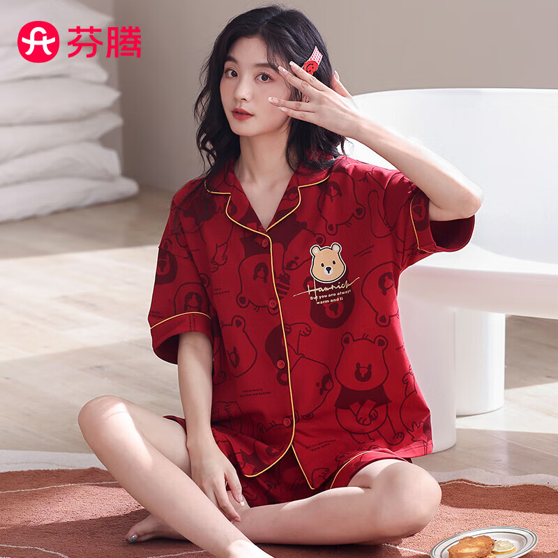 芬腾睡衣女款夏季薄款纯棉短袖套头大码宽松夏天可外穿家居服套装 FJ26921972【短袖短裤丨女】 L 建议:女110-124斤,男126-146