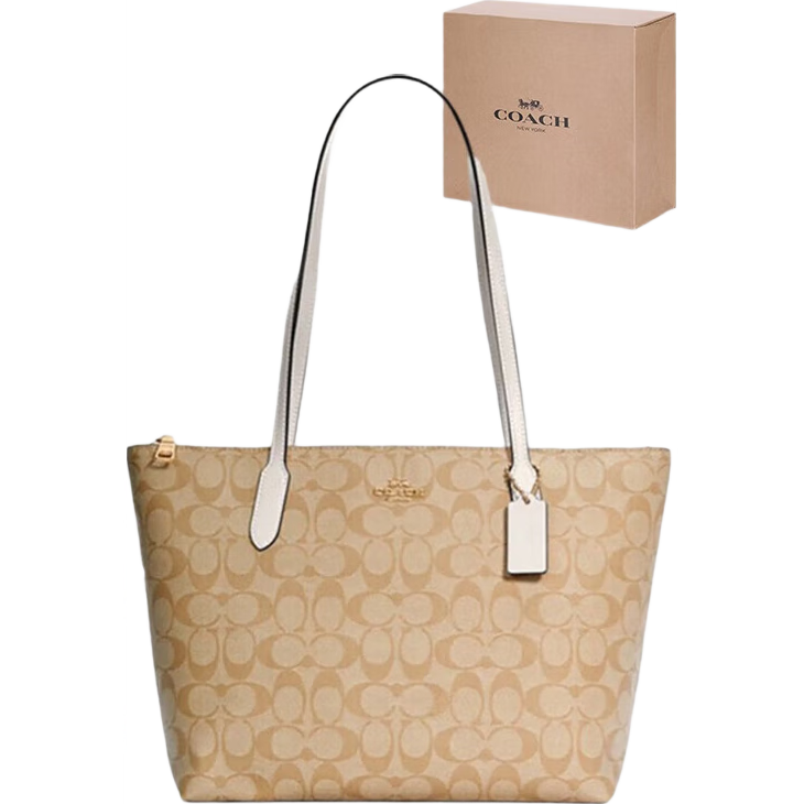 蔻馳(COACH)【品牌直供】女士中號托特包單肩手提包 卡其老花配白色
