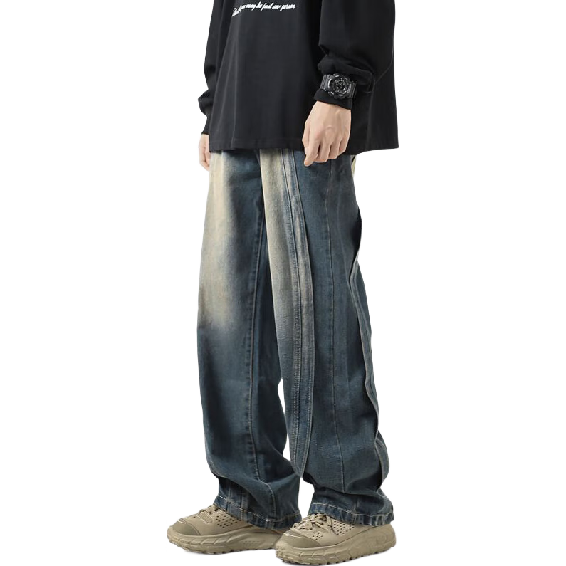Homlean美式復(fù)古水洗牛仔褲男春夏高級感拼接做舊寬松直筒82復(fù)古藍XL