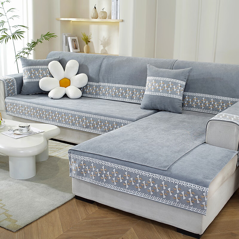 眷耐沙发垫四季通用防滑2025年新款雪尼尔四季通用坐子罩三座一贵妃简 风车雪尼尔-灰色 145*200cm【三面花边贵妃专用可