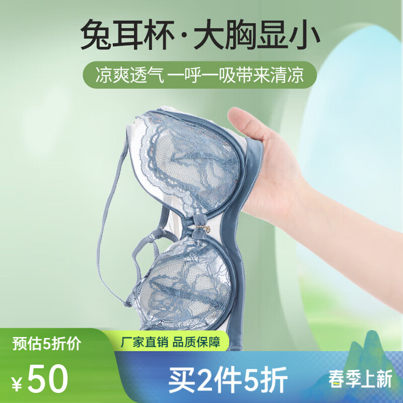 羽璐【兔耳朵杯】文胸女薄BC杯透气软钢圈上托内衣收副乳性感蕾丝胸罩 灰雾蓝 80C